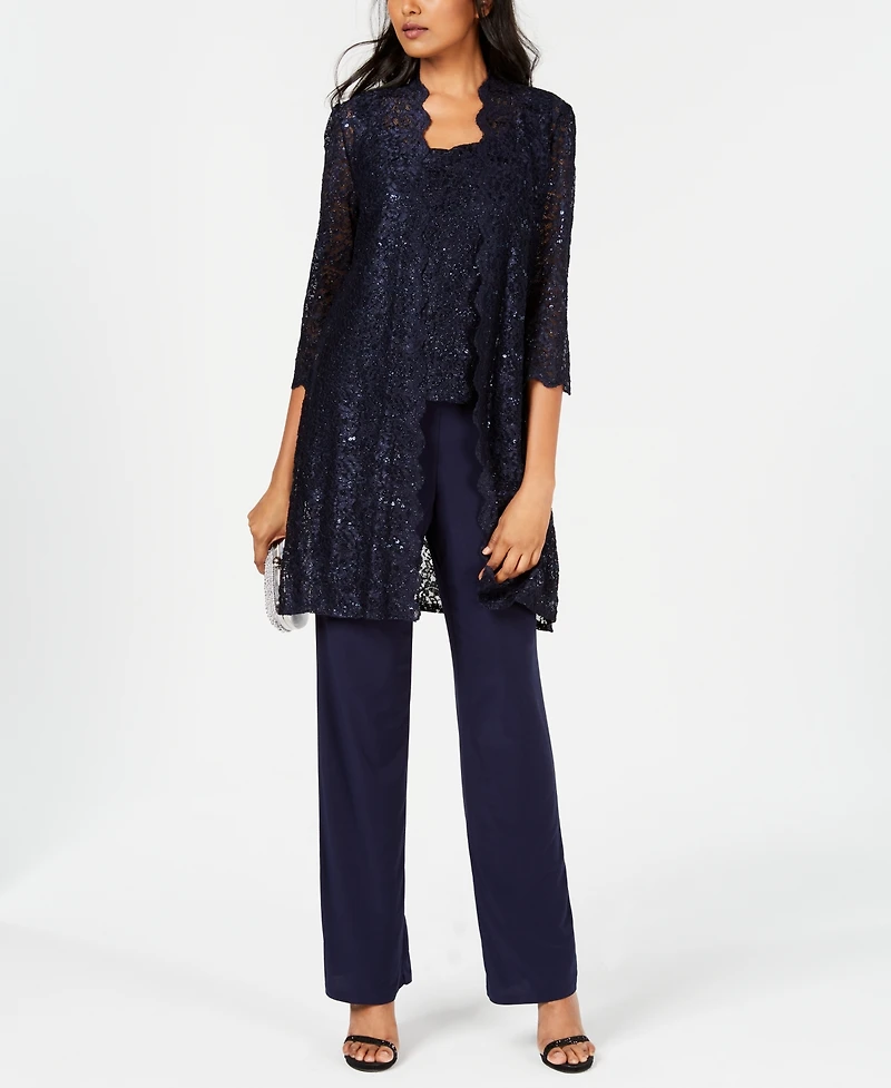 R & M Richards 3-Pc. Sequined Lace Pantsuit & Jacket