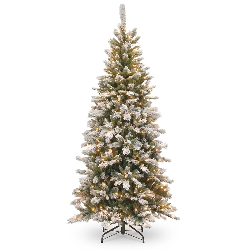 National Tree 7.5' Snowy Mountain Pine Slim Hinged Tree with 500 Clear Lights