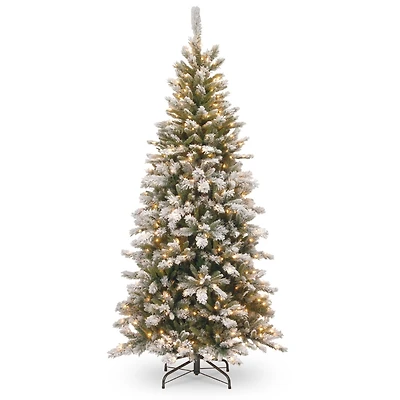 National Tree 7.5' Snowy Mountain Pine Slim Hinged Tree with 500 Clear Lights