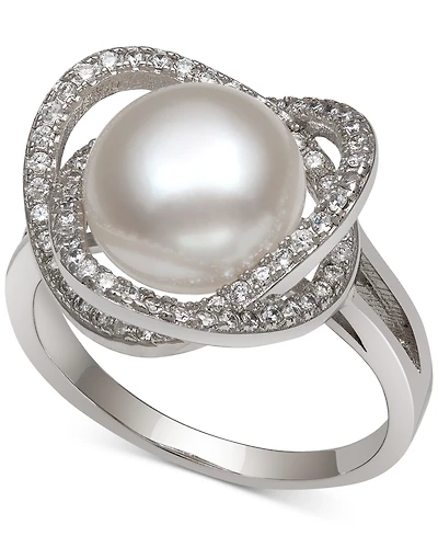 Cultured Freshwater Pearl (9mm) & Cubic Zirconia Statement Ring in Sterling Silver