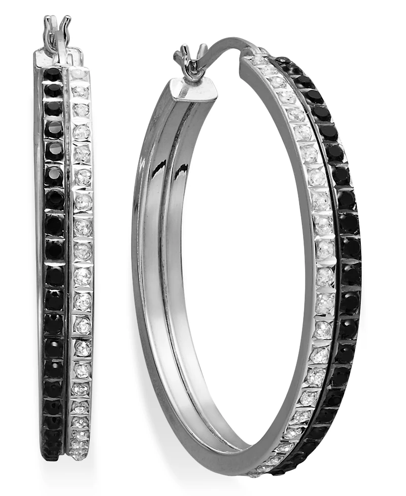 Sterling Silver Earrings, Black and White Diamond Accent Double Row Hoop Earrings