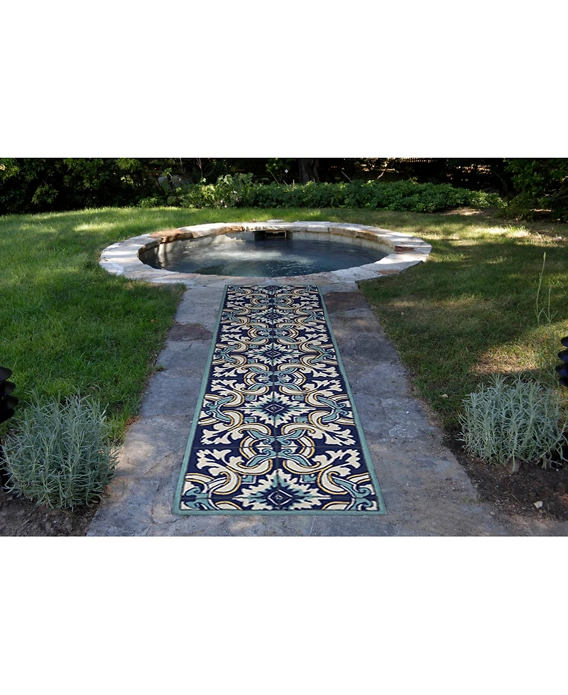 Liora Manne' Ravella 2253 Floral Tile Blue 2' x 8' Indoor/Outdoor Runner Area Rug
