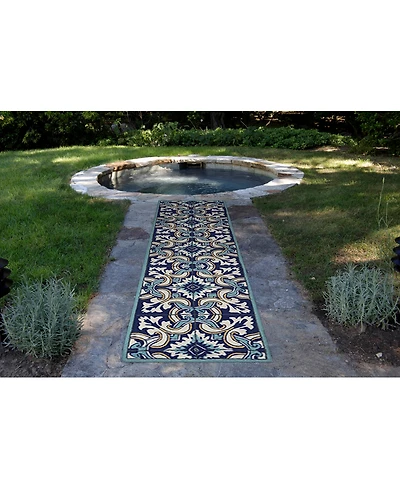 Liora Manne' Ravella 2253 Floral Tile Blue 2' x 8' Indoor/Outdoor Runner Area Rug