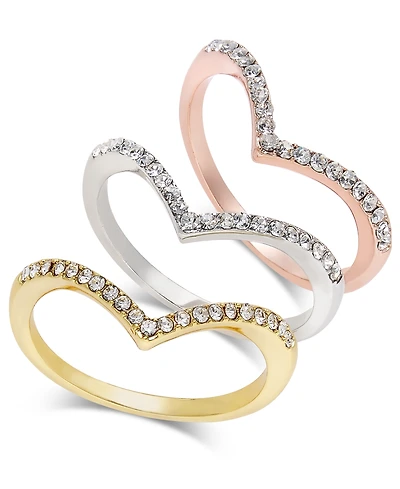 I.n.c. International Concepts Tri-Tone 3-Pc Set Crystal Chevron Stackable Rings, Created for Macy's