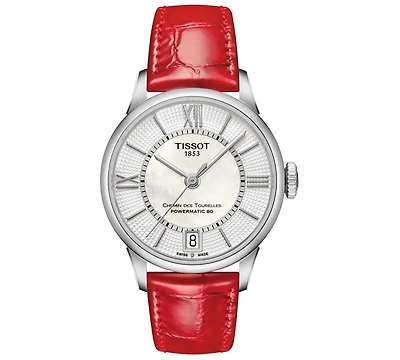 Tissot Women's Swiss Automatic T-Classic Chemin des Tourelles Red Leather Strap Watch 32mm