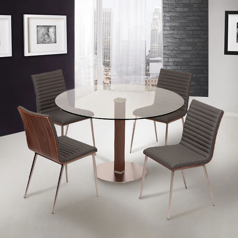 Cafe Brushed Stainless Steel Dining Chair Gray Artificial leather with Walnut Back - Set of 2