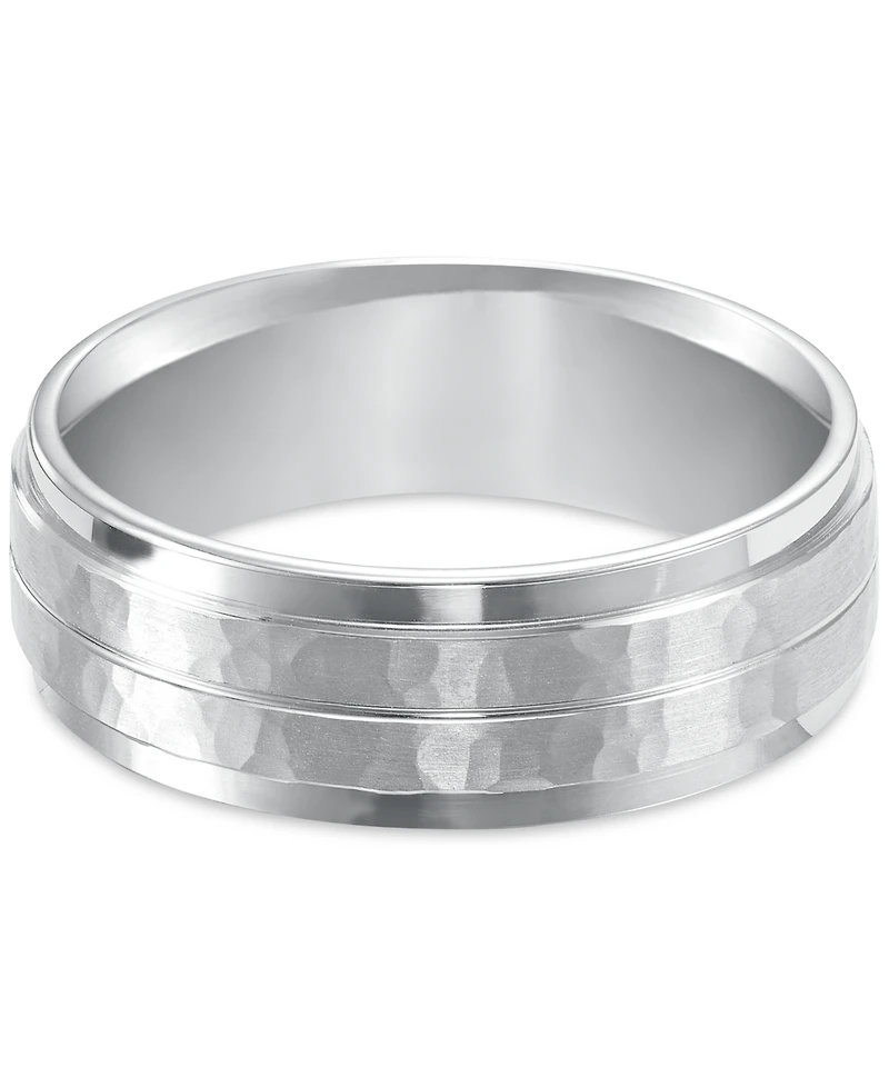 Men's Hammered and Brush Finish Wedding Band 14k White Gold