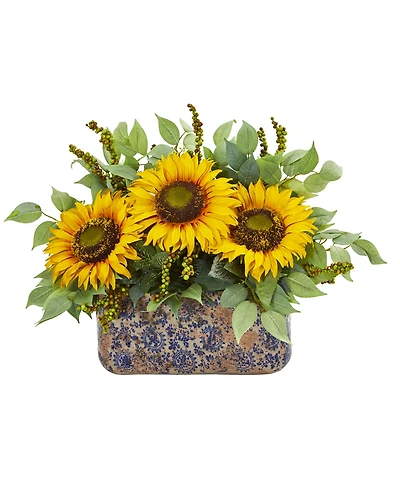 Nearly Natural Sunflower and Mixed Greens Artificial Arrangement in Vase