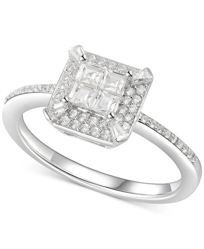 Cubic Zirconia Square Cluster Halo Ring Sterling Silver