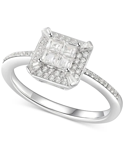 Cubic Zirconia Square Cluster Halo Ring Sterling Silver