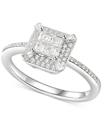 Cubic Zirconia Square Cluster Halo Ring Sterling Silver