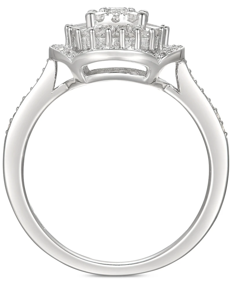 Cubic Zirconia Baguette Cluster Halo Ring Sterling Silver