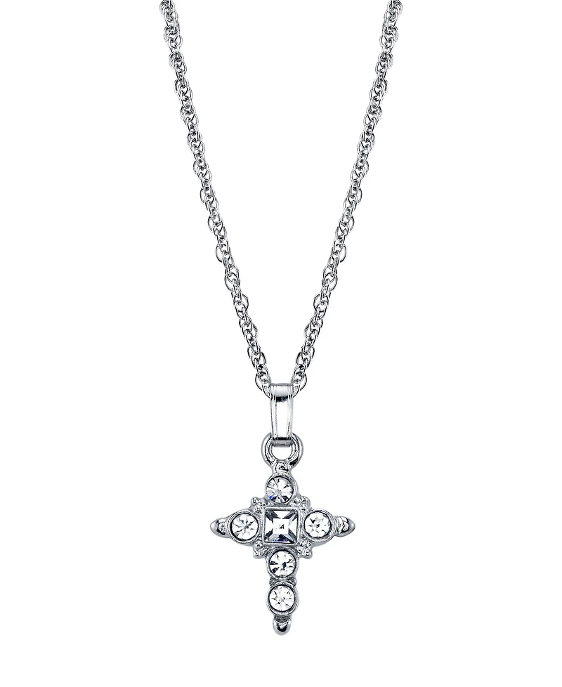 2028 Silver Tone Crystal Cross Pendant Necklace 16" Adjustable