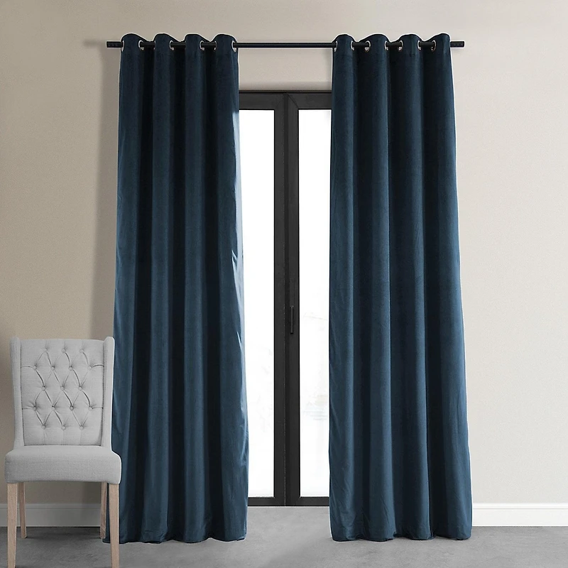 Half Price Drapes Midnight Blue Grommet Signature Velvet Blackout Curtain
