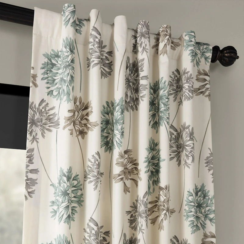 Half Price Drapes Allium Blue Grey Floral Printed Cotton Room Darkening Curtain