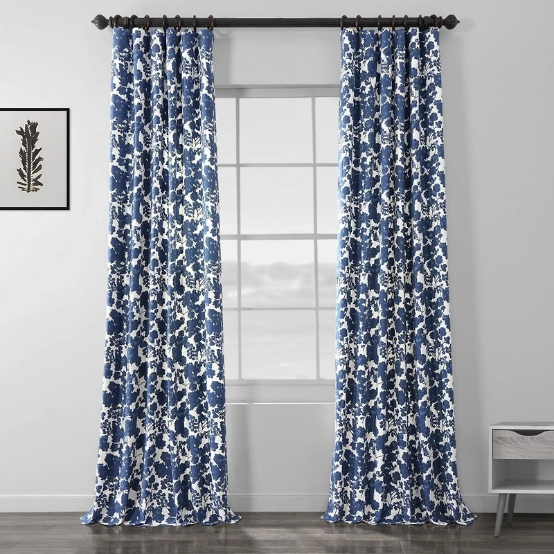 Half Price Drapes Fleur Blue Floral Printed Cotton Room Darkening Curtain