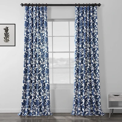 Half Price Drapes Fleur Blue Floral Printed Cotton Room Darkening Curtain