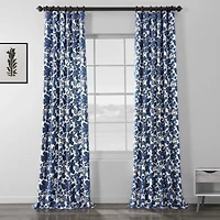 Half Price Drapes Fleur Blue Floral Printed Cotton Room Darkening Curtain