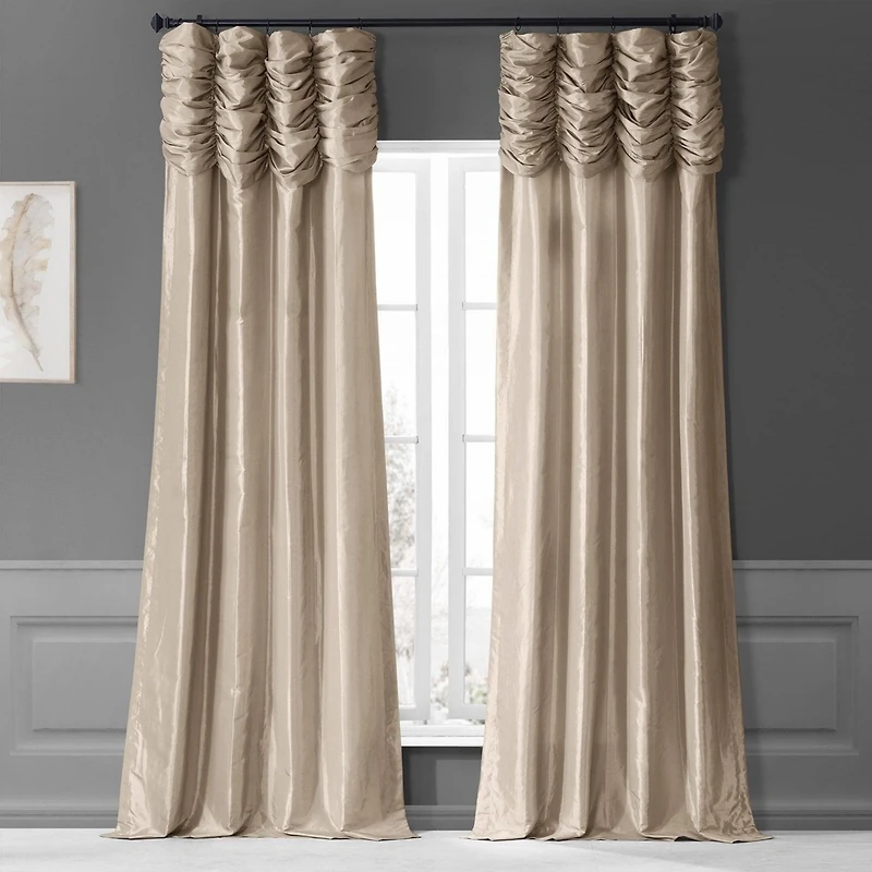 Half Price Drapes Antique Beige Ruched Solid Faux Silk Taffeta Room Darkening Curtain