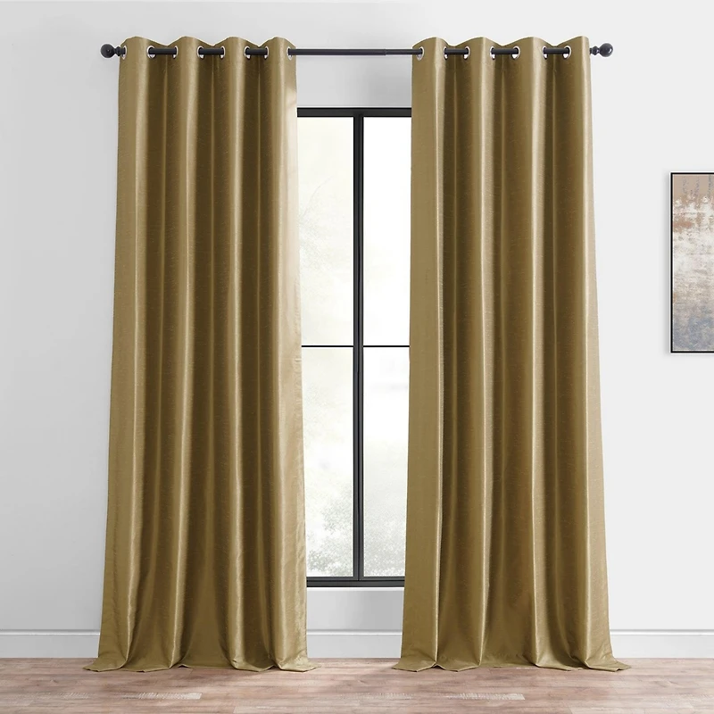 Half Price Drapes Flax Gold Grommet Vintage Textured Faux Dupioni Silk Blackout Curtain