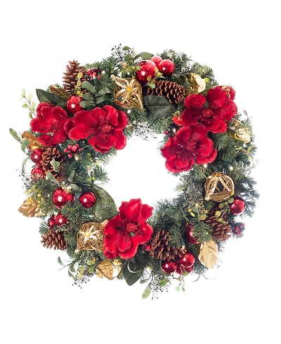 Village Lighting 30" Lighted Christmas Wreath, Red Magnolia