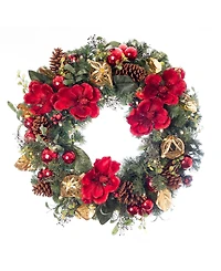 Village Lighting 30" Lighted Christmas Wreath, Red Magnolia
