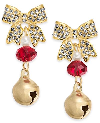 Holiday Lane Gold-Tone Pave Bow & Bell Drop Earrings, Created for Macy's