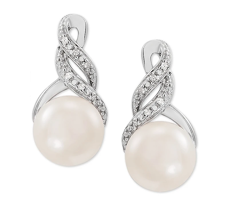 Cultured Freshwater Pearl (8 & 9mm) and Diamond Accent Pendant Necklace Earrings Set Sterling Silver or 14k Gold Over