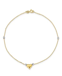 Puffed Heart with Beads Anklet in 14k Yellow and White Gold