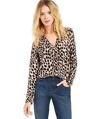 I.n.c. International Concepts Petite Printed Zip-Pocket Long-Sleeve Top, Created for Macy's