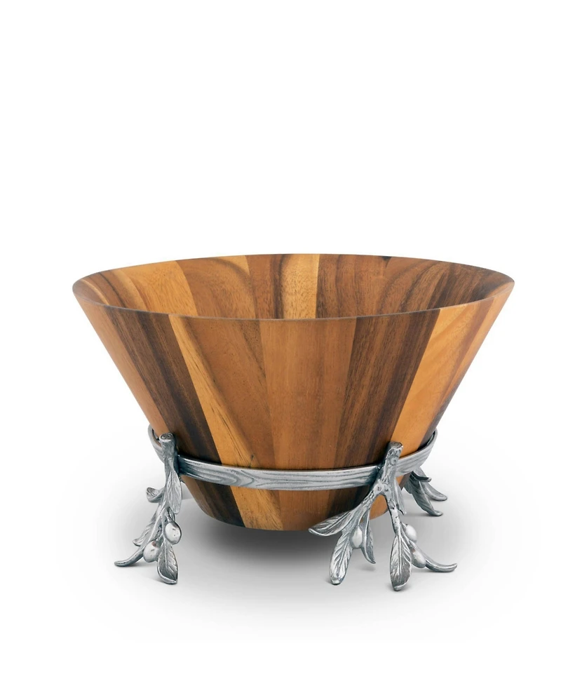 Arthur Court Acacia Wood Salad Bowl in Metal Stand, Sand-Cast Aluminum Stand in Olive Pattern