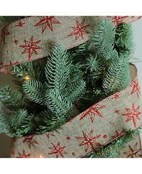 Northlight Pack of 12 Red Star and Beige Burlap Wired Christmas Craft Ribbon Spools - 2.5" x 120 Yards Total