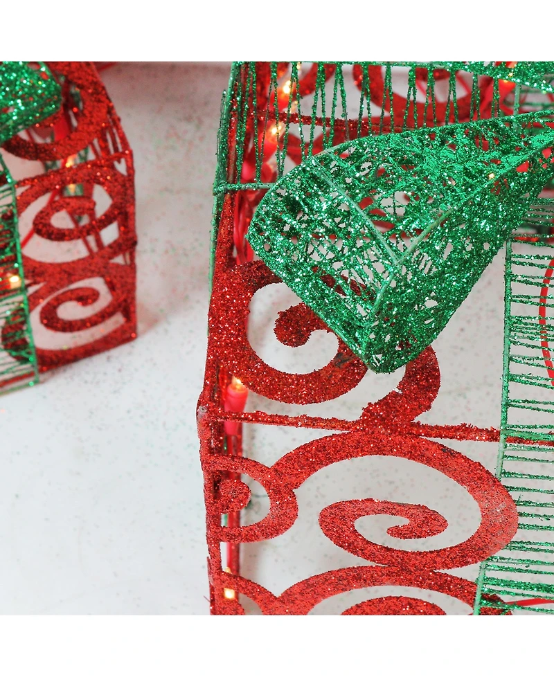 Northlight Set of 3 Prelit Sparkling Red Swirl Glitter Gift Boxes Christmas Outdoor Decorations