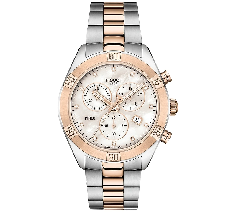 Tissot Women's Swiss Chronograph T-Classic Pr 100 Diamond (1/20 ct. t.w.) Two-Tone Pvd Stainless Steel Bracelet Watch 38mm
