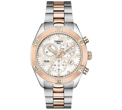 Tissot Women's Swiss Chronograph T-Classic Pr 100 Diamond (1/20 ct. t.w.) Two-Tone Pvd Stainless Steel Bracelet Watch 38mm