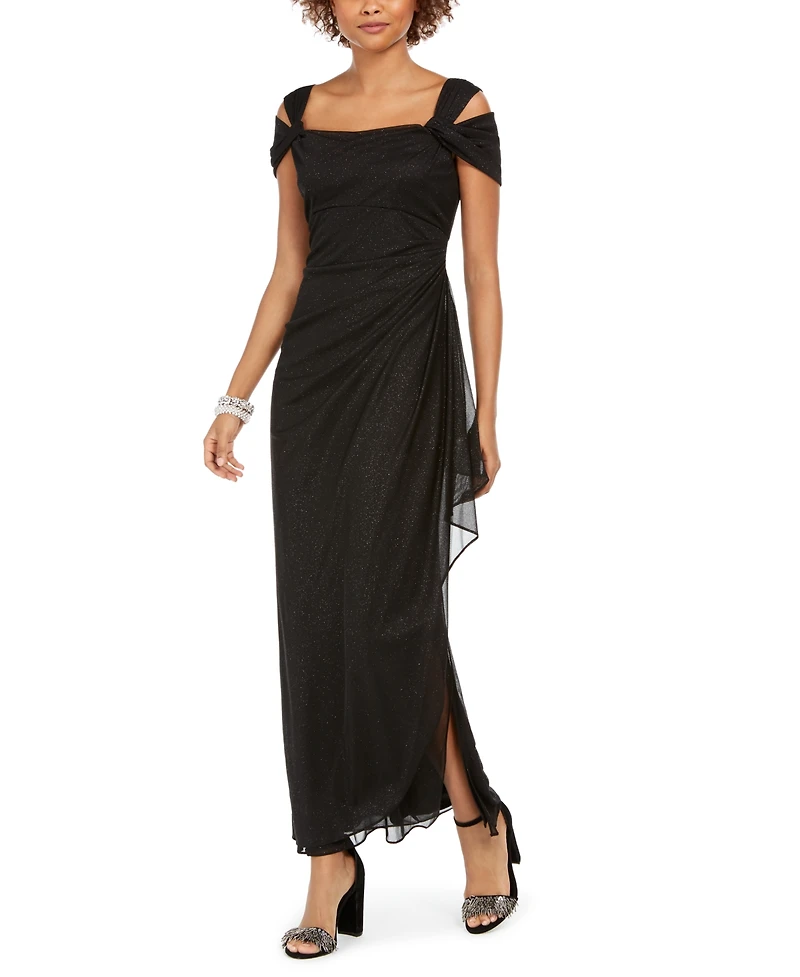 Alex Evenings Cold-Shoulder Draped Metallic Petite Gown