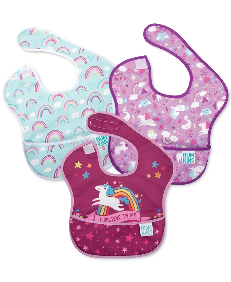 Bumkins Baby Girls SuperBib Waterproof Baby Bibs, Pack of 3