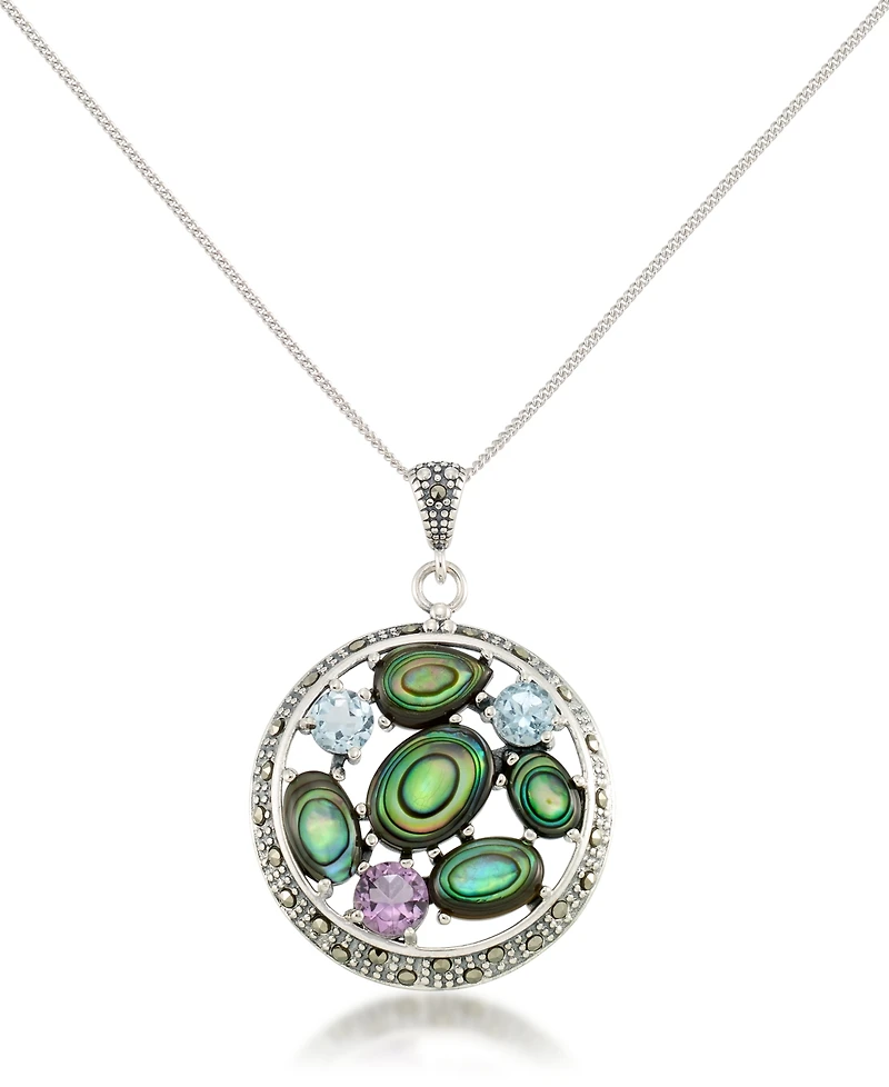 Marcasite, Amethyst (3/8 ct. t.w.), Abalone (5-1/3 ct. t.w.) and Blue topaz (5/8 ct.t.w.) Round Pendant + 18" Chain in Sterling Silver