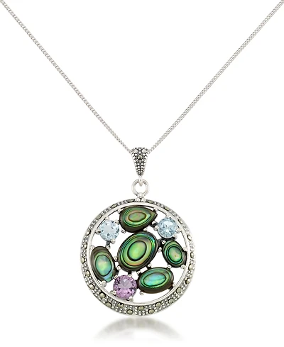Marcasite, Amethyst (3/8 ct. t.w.), Abalone (5-1/3 ct. t.w.) and Blue topaz (5/8 ct.t.w.) Round Pendant + 18" Chain in Sterling Silver