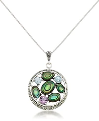 Marcasite, Amethyst (3/8 ct. t.w.), Abalone (5-1/3 ct. t.w.) and Blue topaz (5/8 ct.t.w.) Round Pendant + 18" Chain in Sterling Silver