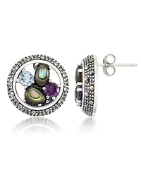 Marcasite, Amethyst (3/8 ct. t.w.) , Abalone (1-1/2 ct. t.w.) and Blue topaz (5/8 ct. t.w.) Round Post Earrings in Sterling Silver