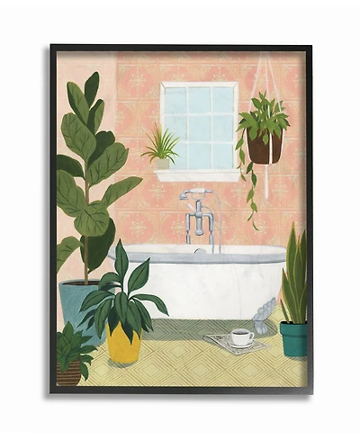 Stupell Industries Peach Walls Bathroom Oasis Scene with Fiddle Leaf Plants Framed Texturized Art, 16" L x 20" H