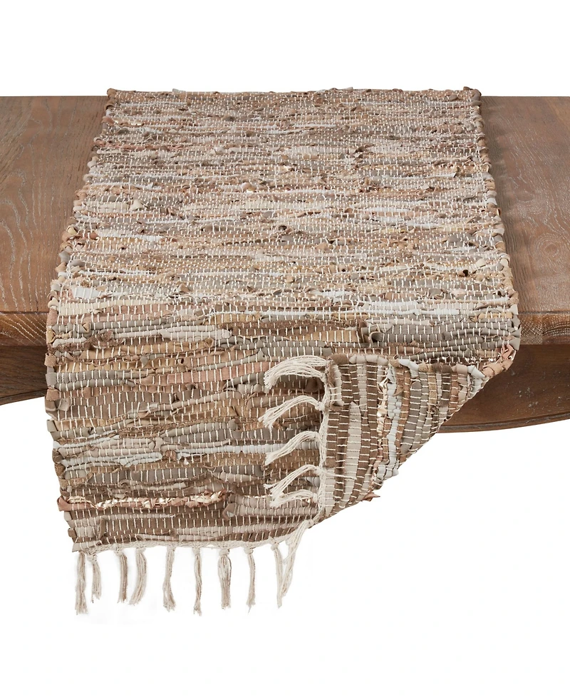 Saro Lifestyle Leather and Cotton Blend Table Runner with Chindi Design