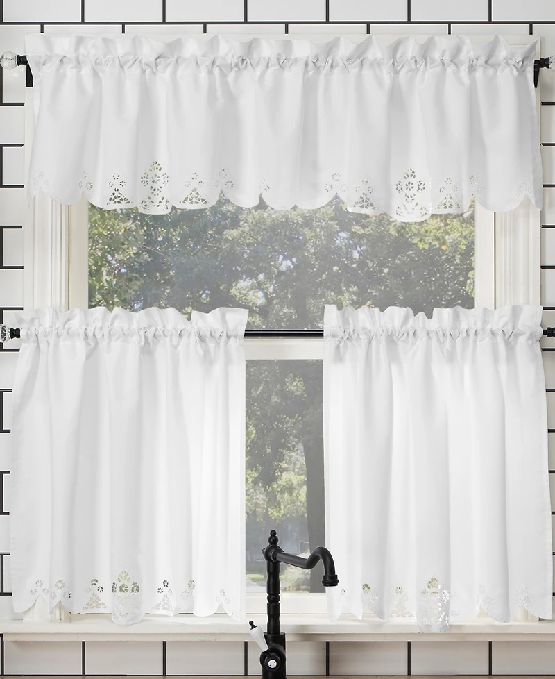 Mariela Floral Trim Semi-Sheer Rod Pocket Kitchen Curtain Valance and Tiers Set