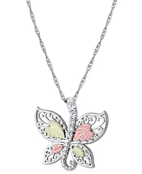 Cubic Zirconia Butterfly Pendant 18" Necklace in Sterling Silver with 12K Rose and Green Gold