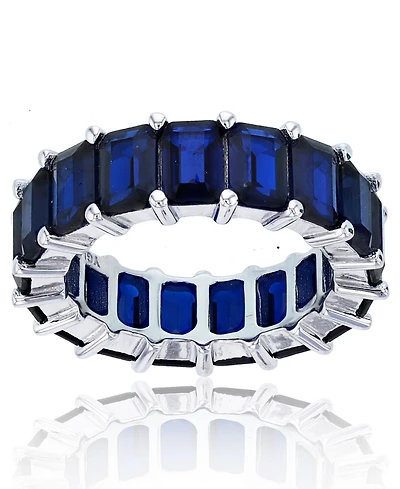 Lab Grown Blue Spinel Emerald Cut Eternity Band Rhodium Plated Sterling Silver
