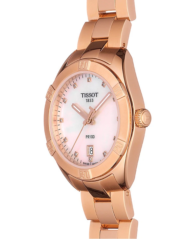 Tissot Women's Swiss Pr 100 Sport Chic T-Classic Diamond (1/20 ct. t.w.) Rose Gold-Tone Stainless Steel Bracelet Watch 36mm