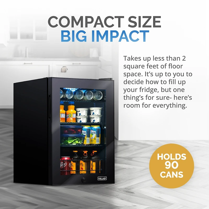 Newair Beverage Refrigerator Cooler, 90 Can Capacity Fridge in Black, Adjustable Shelves and Glass Door with Lock, Small Refrigerator, Beer Wine or So