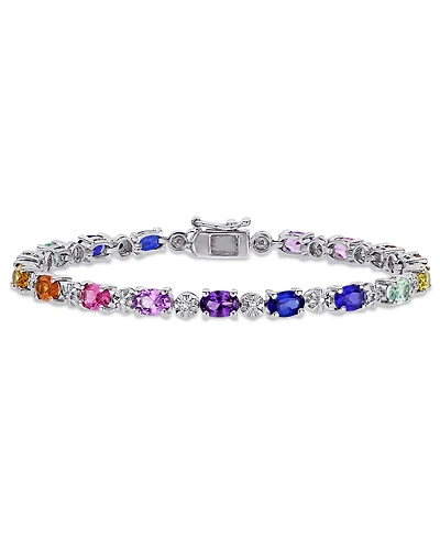 Multi-Color Lab Grown Sapphire (9 7/8 ct. t.w.) and Diamond-Accent Tennis Bracelet in Sterling Silver