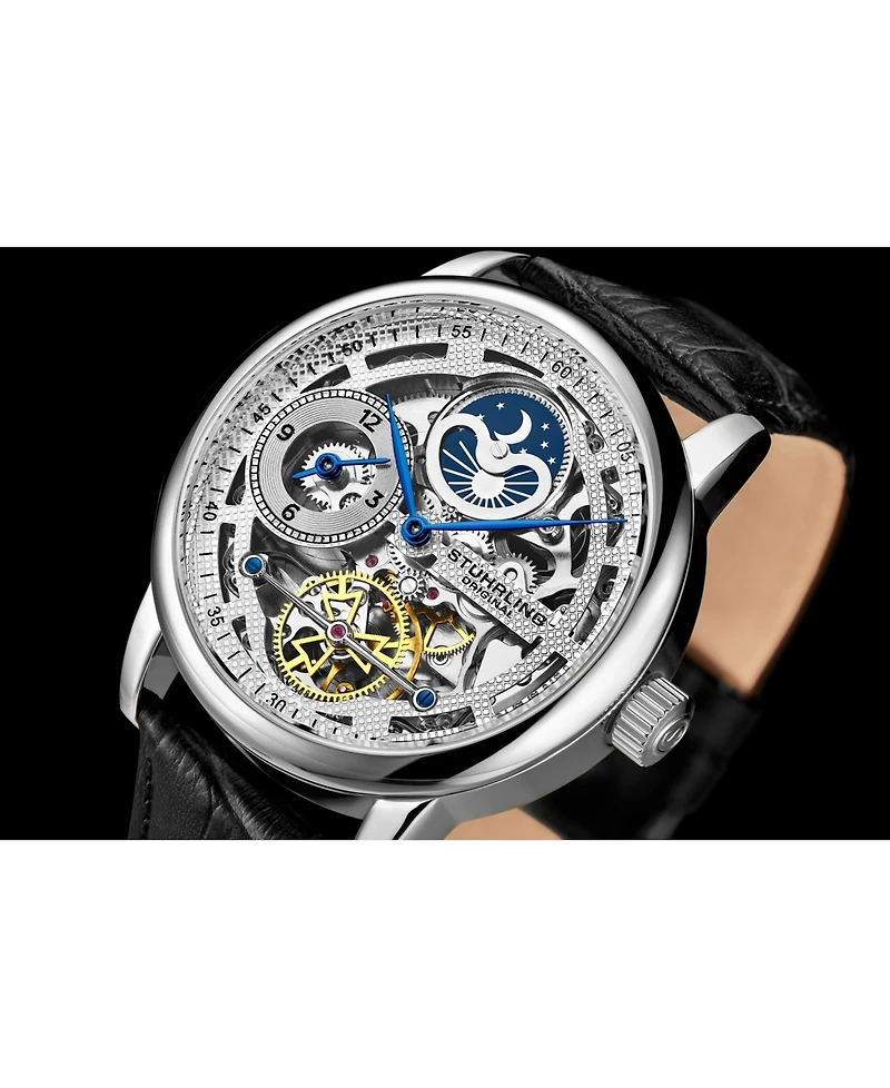 Stuhrling Men's Black Leather Strap Watch 49mm
